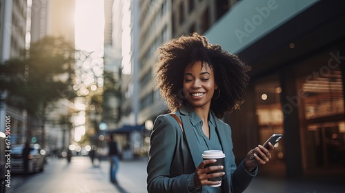 Office girl of African descent Or executives are standing and walking on the street using their phones to make transactions, for example. fintech in a business district with tall buildings © kittikunfoto