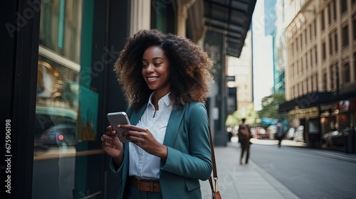 Office girl of African descent Or executives are standing and walking on the street using their phones to make transactions, for example. fintech in a business district with tall buildings © kittikunfoto