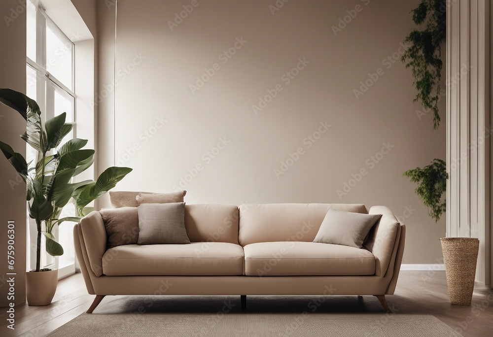 Beige sofa against grid window near stucco wall Boho minimalist home interior design of modern living room Beige sofa against grid window near stucco wall Boho minimalist home interior design of modern living room