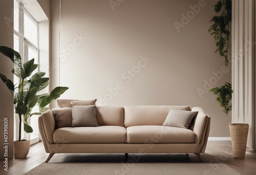 Beige sofa against grid window near stucco wall Boho minimalist home interior design of modern living room