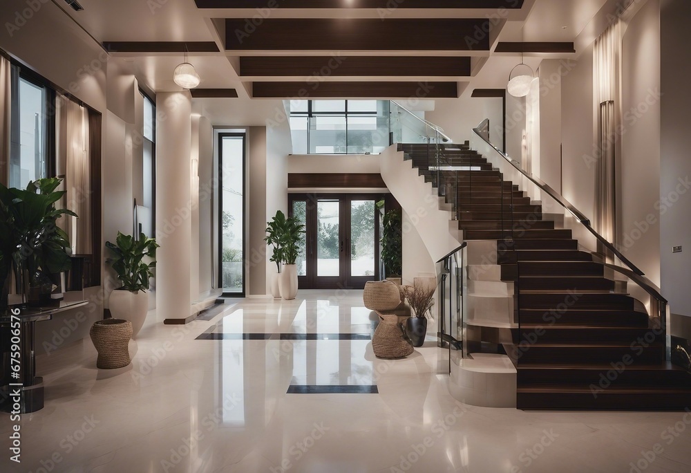 Interior design of modern entrance hall with staircase in villa Interior design of modern entrance hall with staircase in villa