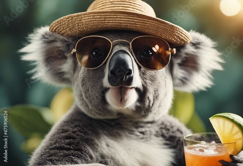 Funny koala wearing summer straw hat and stylish sunglasses holding glasses with cocktail drinks © ArtisticLens