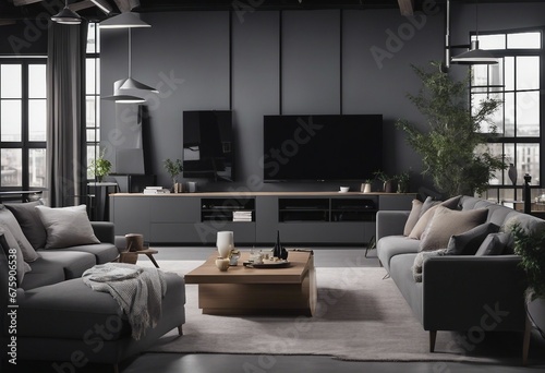 Gray sofa and tv unit in loft interior design of modern living room © ArtisticLens