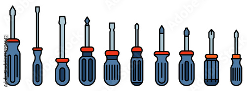 Screwdriver icons set. Collection of various screwdrivers in flat design.