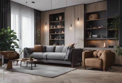 Studio apartment with grey sofa against window and wooden cabinet Interior design of modern living room © ArtisticLens
