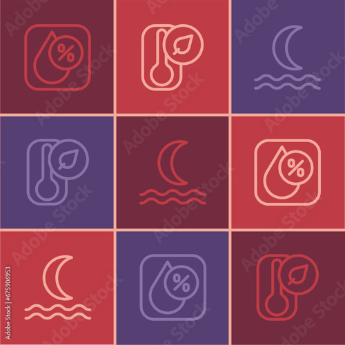 Set line Water drop percentage, Night fog or smoke and Thermometer icon. Vector