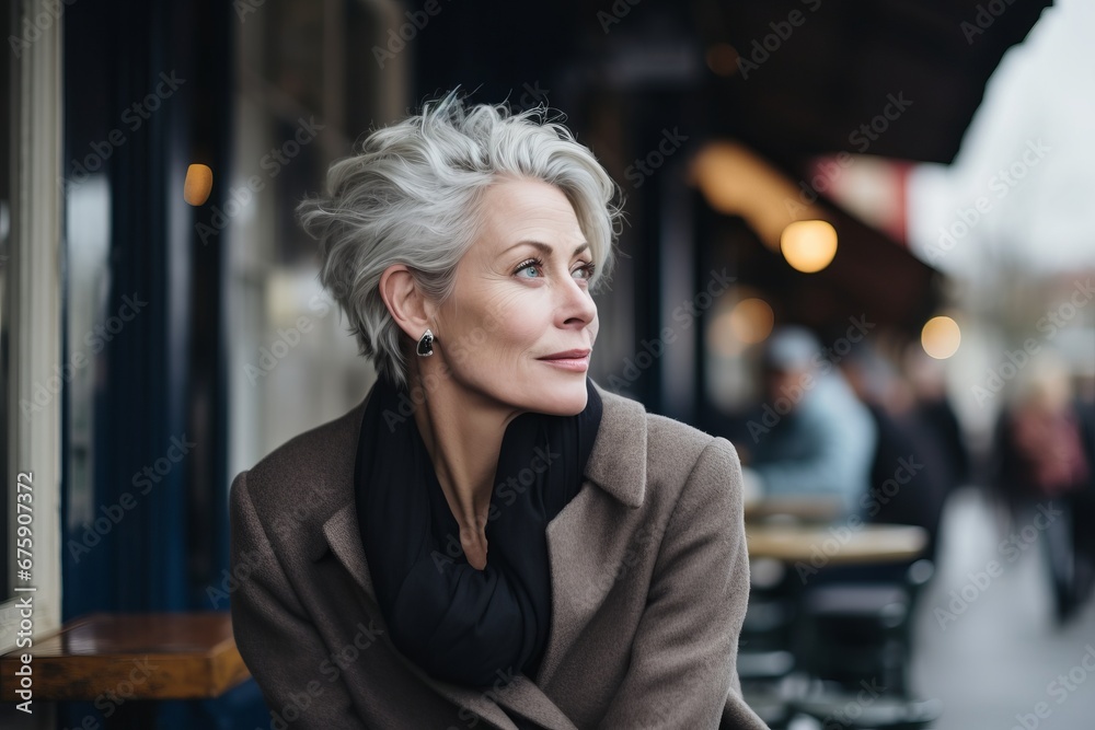 Outdoor portrait of a beautiful mature woman in a street cafe.