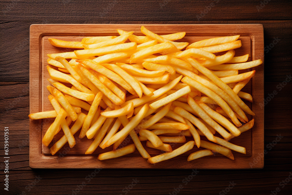 Pile of crispy french fries on a wooden tray over a table Pile of crispy french fries on a wooden tray over a table