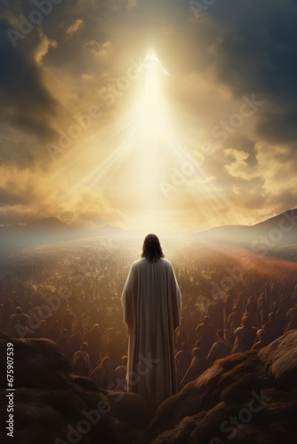 A detailed portrayal of Christ on a hill, observing people with captivating light and a transcendental aura, evoking a profound and spiritual atmosphere.