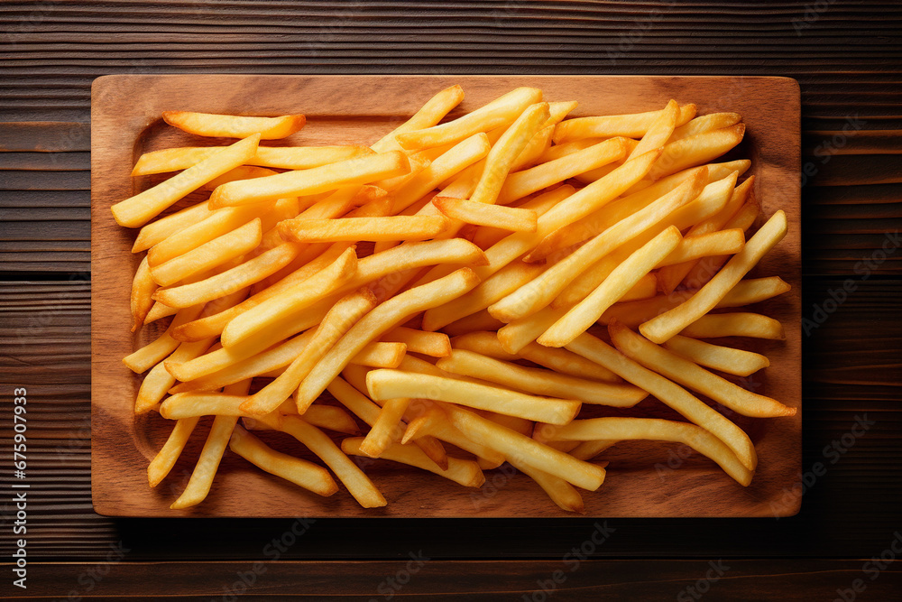 Golden french fries spread on a wooden cutting board Golden french fries spread on a wooden cutting board