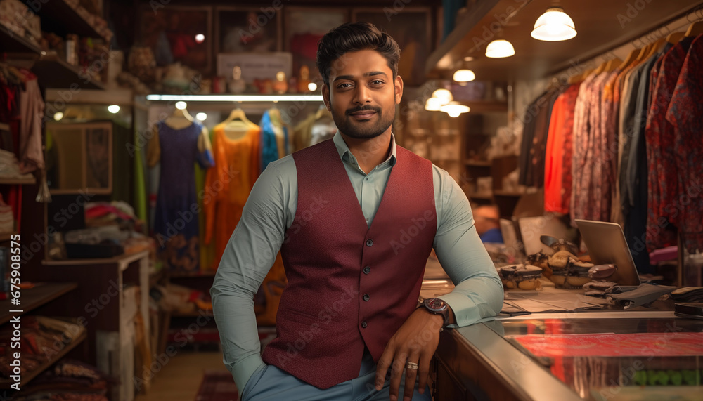 young Indian boutique owner posing with shop in the background
