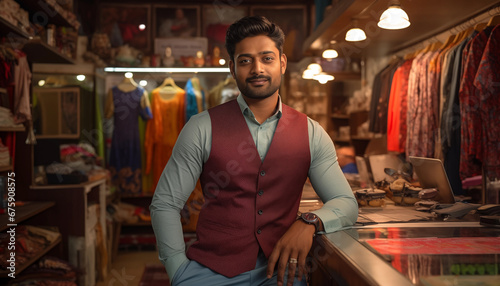 young Indian boutique owner posing with shop in the background