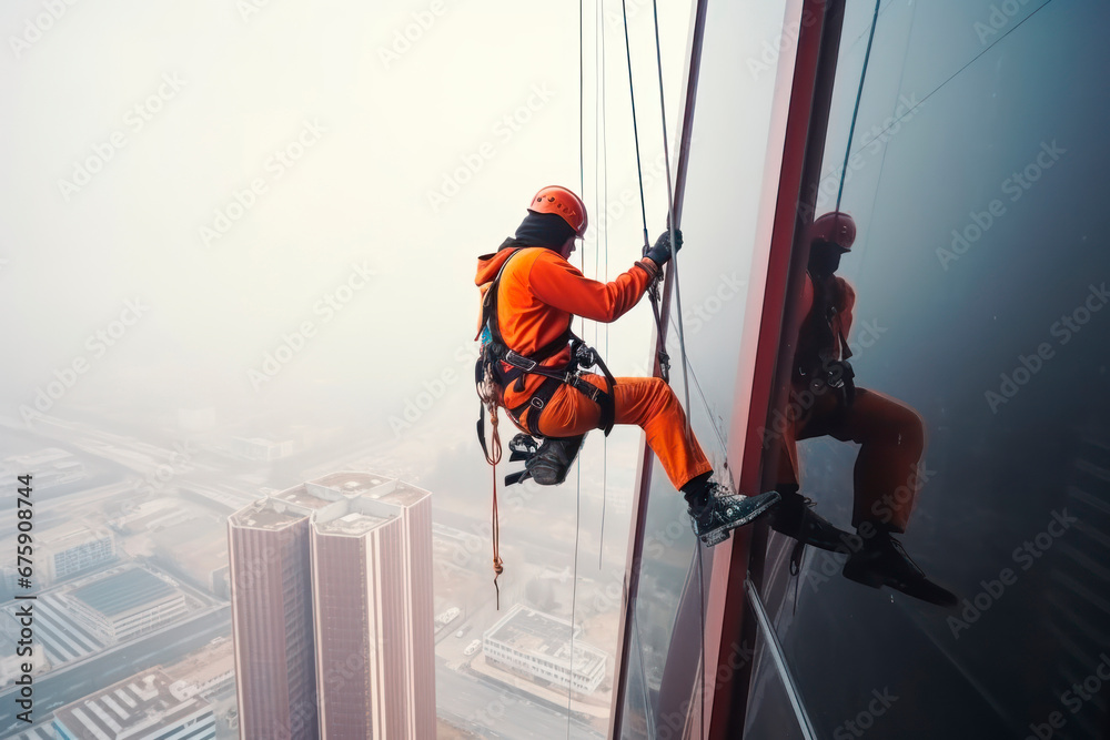High-altitude climber. The profession of working at height. An industrial climber works on a skyscraper is attached by insurance for safety. Ai. - obrazy, fototapety, plakaty 
