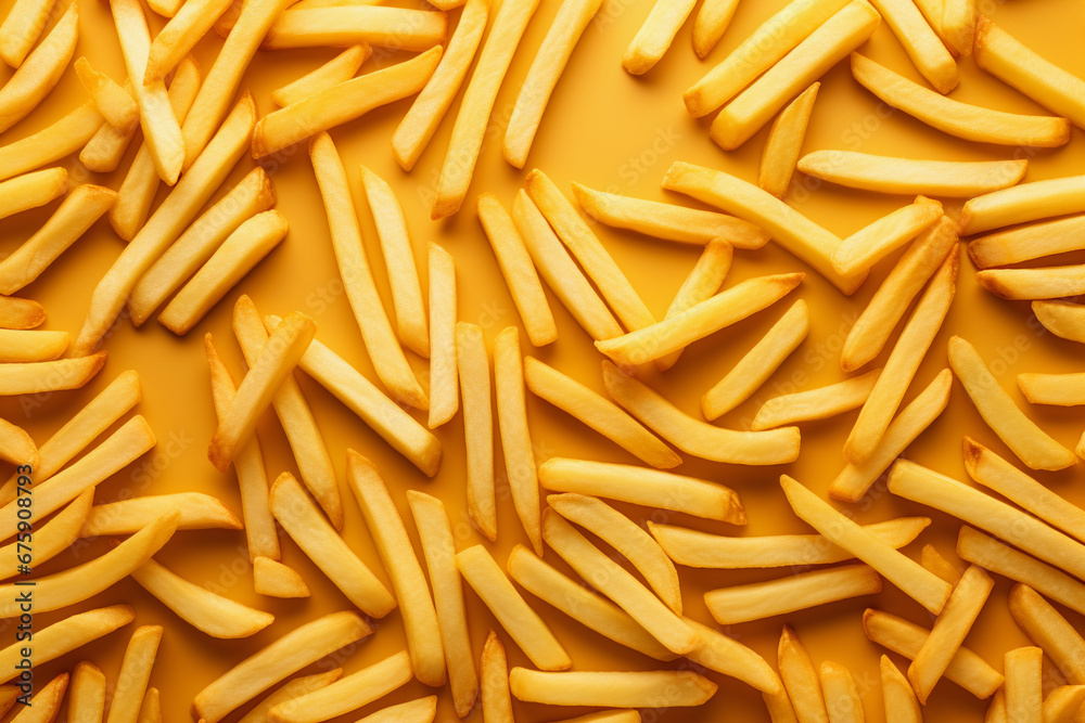 Fries scattered on yellow background Fries scattered on yellow background
