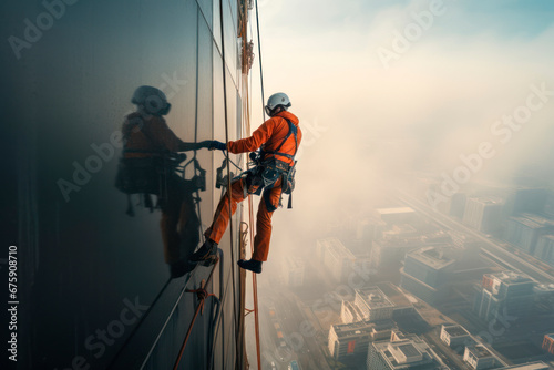 High-altitude climber. The profession of working at height. An industrial climber works on a skyscraper is attached by insurance for safety.  photo