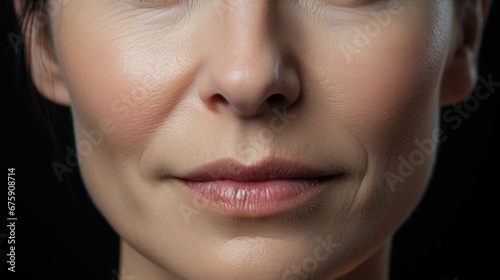 Cropped face of middle aged woman advertising dry skin care treatment  anti age skincare