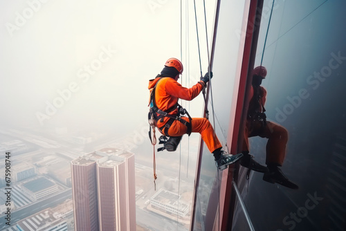 High-altitude climber. The profession of working at height. An industrial climber works on a skyscraper is attached by insurance for safety. Ai. photo
