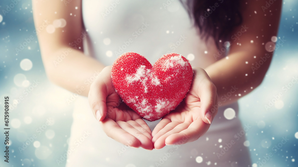 A red heart in the caring hands of a young woman A red heart in the caring hands of a young woman