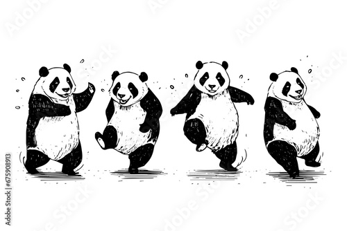 Set of dancing panda hand drawn ink sketch. Engraved style vector illustration