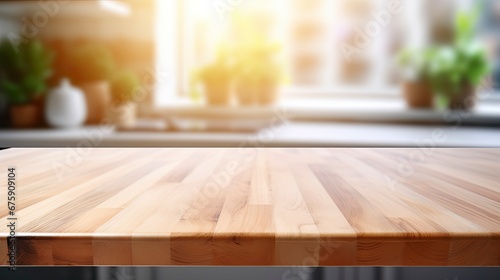 The wood table top in the blurred kitchen.