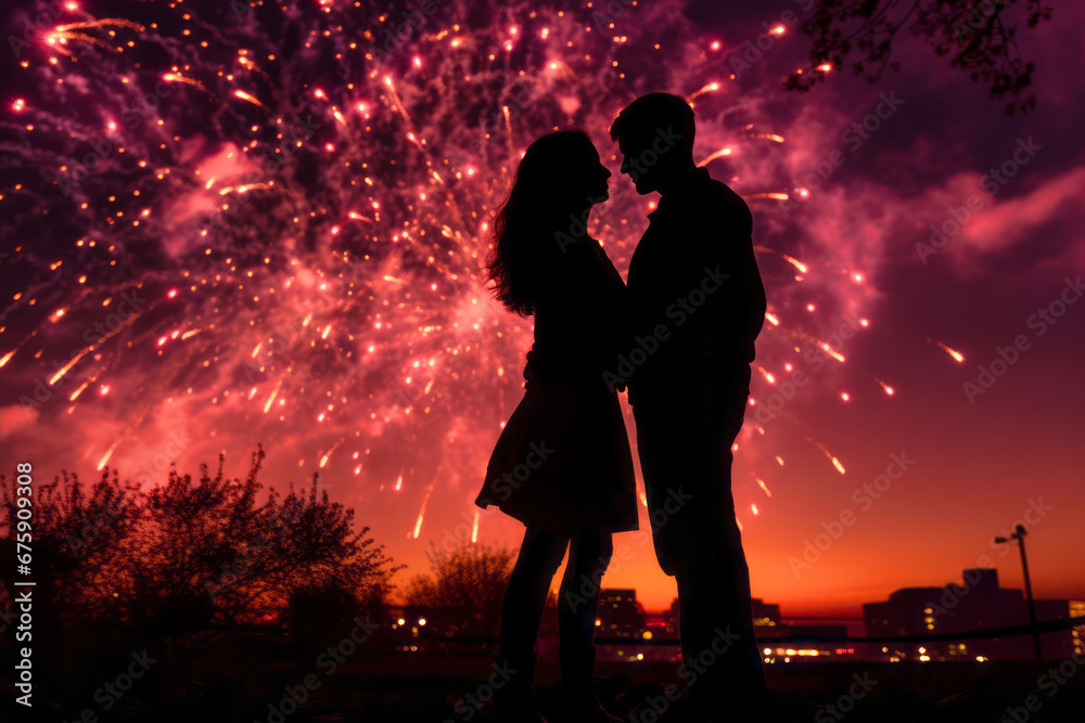 Couple's Silhouette with Fireworks
