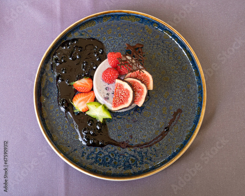 Blueberry Panna Cotta, Fruit Pannacotta, Creamy Italian Dessert, Panacotta with Figs, Raspberries, Strawberries photo