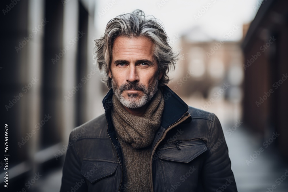 Handsome middle aged man with grey hair and beard wearing a black leather jacket and a gray scarf in an urban context Handsome middle aged man with grey hair and beard wearing a black leather jacket and a gray scarf in an urban context