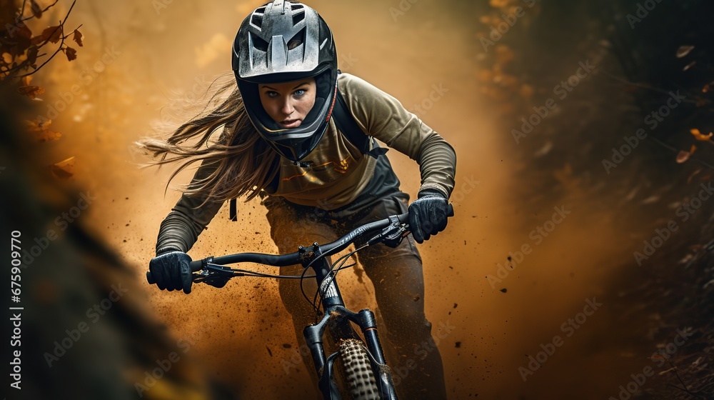 Female cyclist riding bicycle on mountain trail,. Cyclist woman in helmet and goggle riding the downhill mountain bike on the summer rocky trail.