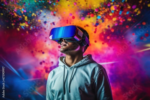 Digital Etchnology Odyssey: Vibrant Virtual Reality Experience as a Man Dons VR Glasses © lublubachka