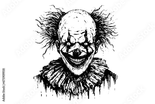 Creepy clown head hand drawn ink sketch. Engraved style vector illustration