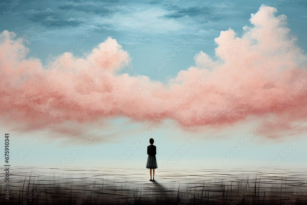 figure stands under expansive sky gazing at fluffy clouds