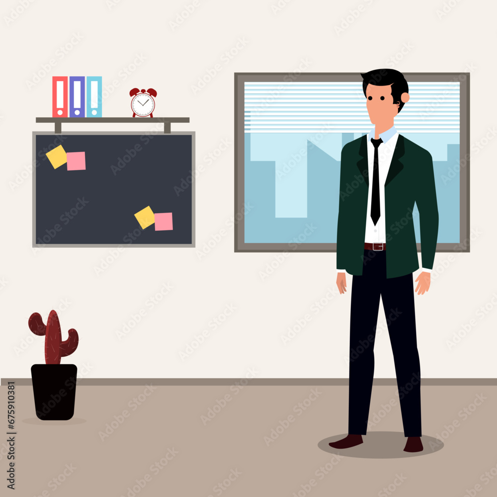 Immerse your designs in world of professional poise with illustrative portrayal of man standing confidently in office. Whether for workplace promotions, leadership graphics, creative projects. 