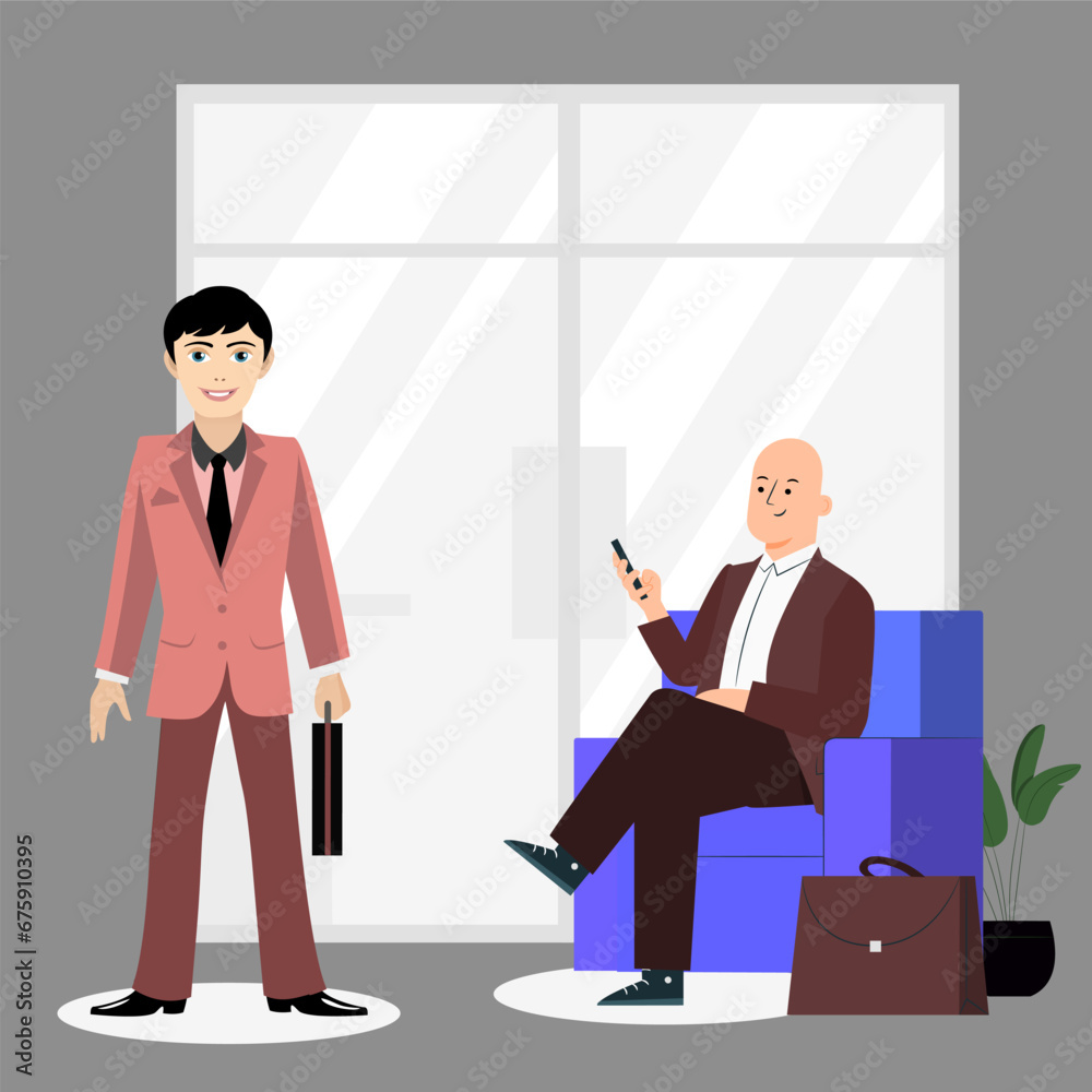 Fototapeta premium Immerse your designs in ambiance of shared anticipation with illustrative portrayal of men patiently waiting in common area. Ideal for waiting room visuals, office campaigns.