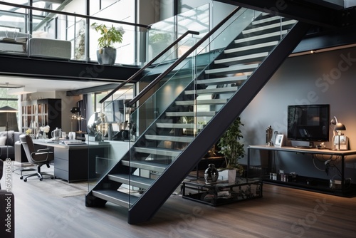 Transform a loft space with a steel and glass staircase for an industrial look photo