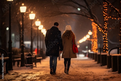 Lovers Sharing a Romantic Walk on a Snow-Laden Evening with Christmas Decorations Glowing