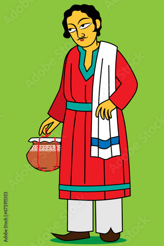 Bangali Babu with Sweets. Traditional dressed Bangali Babu, Traditional fashion, Mishti Dahi, Rasgulla, mithai. Bengali culture, Indian dressed. character. 20th century, vector illustration 