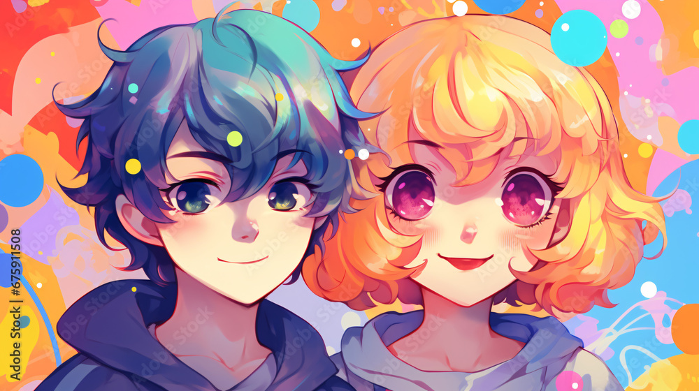 Cheerful Anime Couples in Colorful Illustration with Big Eyes and Expressive Faces.