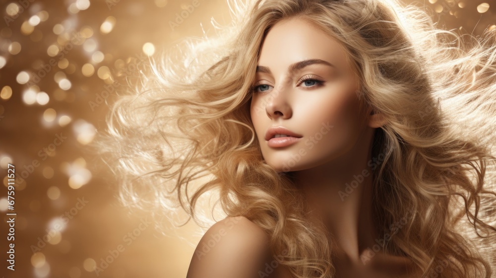 Blonde woman with long curly hair on sparkling background. festive concept for ad