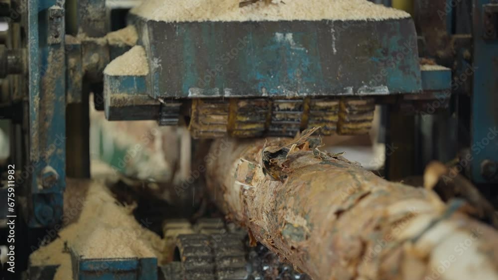 Woodworking equipment grinding the thick logs in the workshop. Woodworking equipment cuts the lumber log. Woodworking equipment processing the wood log at the industrial facility. Automated machine Woodworking equipment grinding the thick logs in the workshop. Woodworking equipment cuts the lumber log. Woodworking equipment processing the wood log at the industrial facility. Automated machine