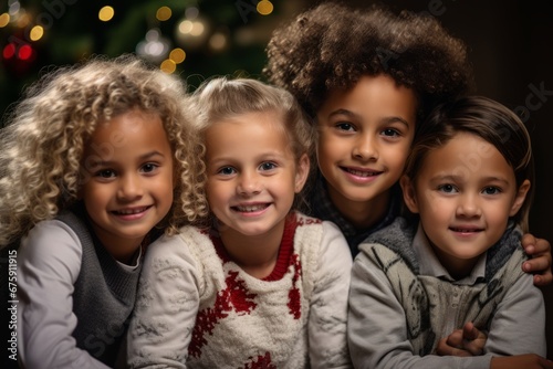 Joyous Children Huddled Together in Anticipation of Opening Presents on a Chilly Christmas Morning © aicandy