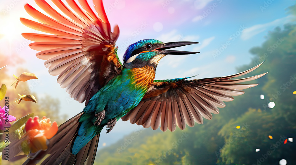 Fototapeta premium Kingfisher framed by a vibrant rainbow arching across the tropical skies Ai Generative