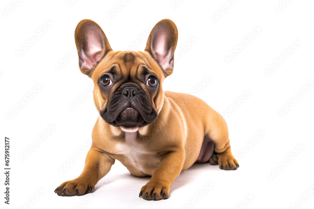 Close up portrait of a French bulldog cut out and isolated on a white background.