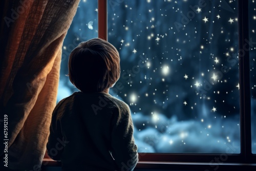 Excited little boy in warm pajamas looking out the window at the stars on Christmas Eve hoping to spot Santa