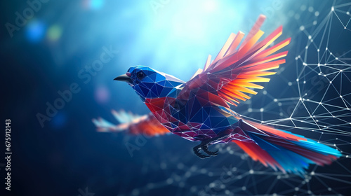 Low poly colorful bird flying in virtual space