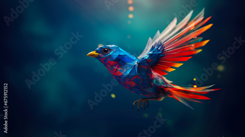 Colorful Digital low poly bird flying in virtual space