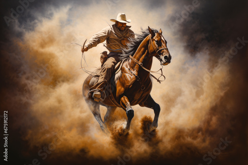 Rodeo cowboy ring a horse and kicking up dust photo