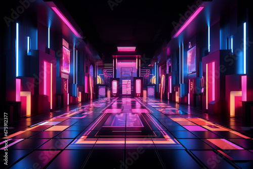 Neon-lit corridor with futuristic architecture