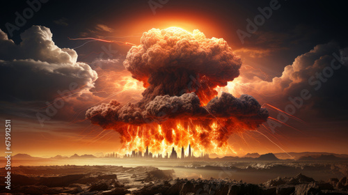 Nuclear explosion with mushroom cloud over urban landscape. Atomic bomb apocalyptic scenario photo