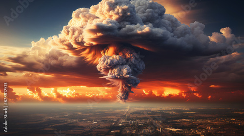 Apocalypse. Nuclear Explosion Over Urban Landscape. Massive Atomic Bomb Cloud Engulfs City