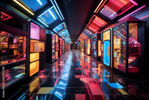 Colorful corridor with neon and reflections
